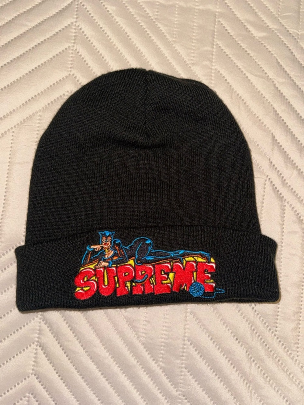 Supreme Black Knit Beanie with White Care Tag